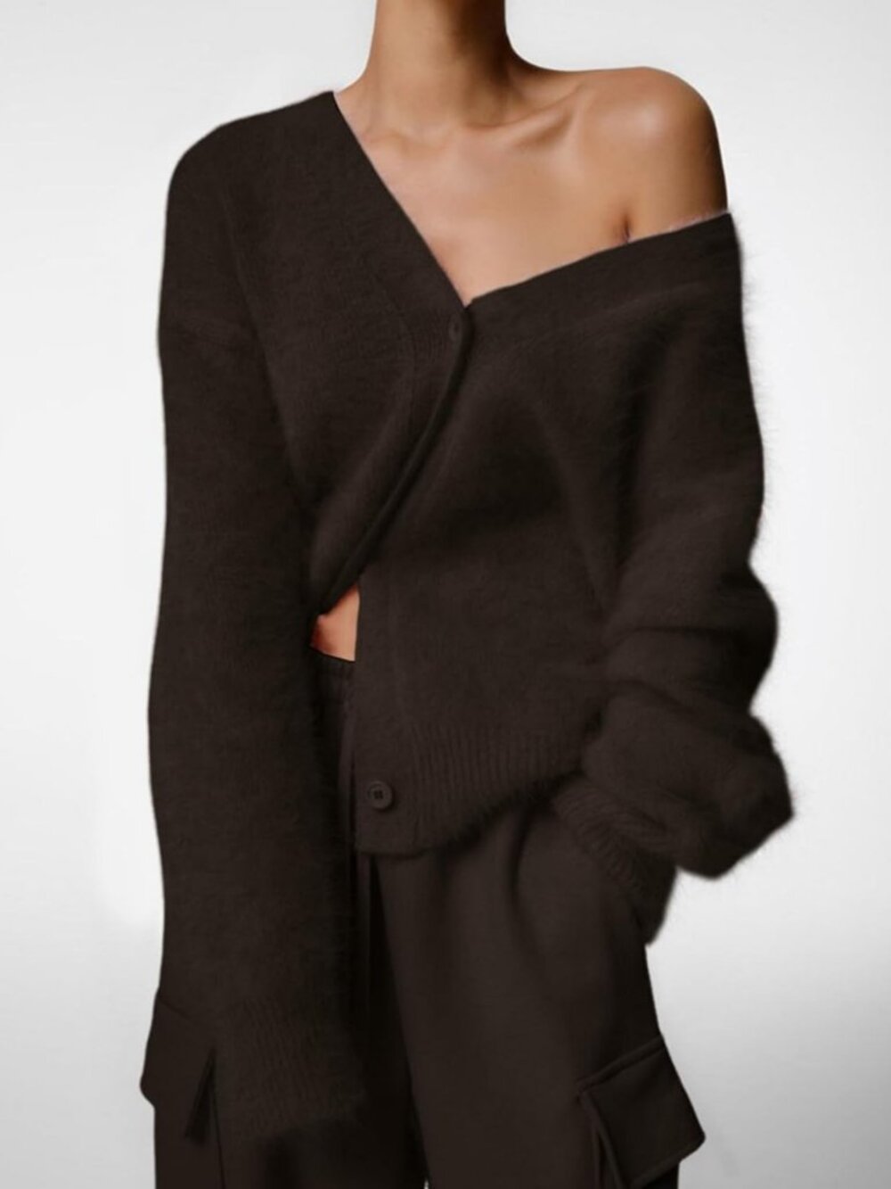 Cozy Fuzzy Cardigan Sweater | V-Neck, Long Sleeve, Button Down, Slouchy Knit - Picture 5 of 6
